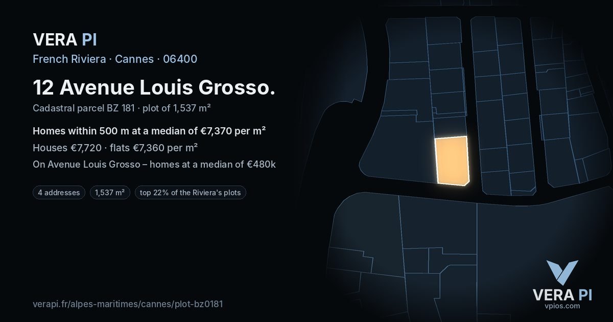 12 Avenue Louis Grosso, Cannes at night – the plot lit, the parcels around coloured by the prices near them