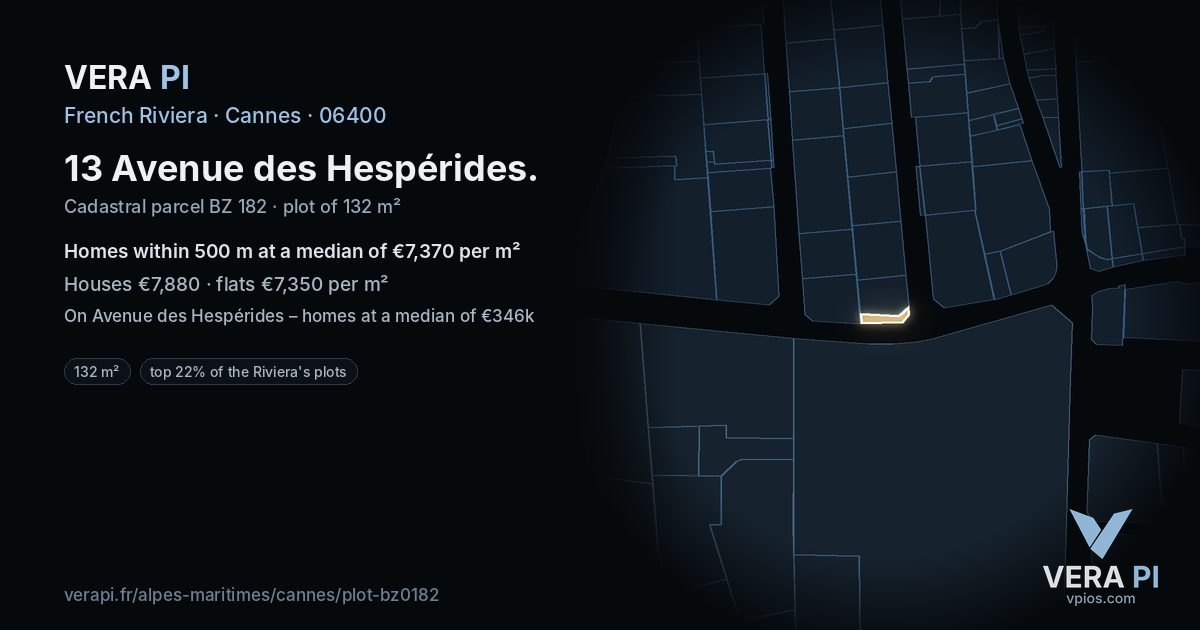 13 Avenue des Hespérides, Cannes at night – the plot lit, the parcels around coloured by the prices near them