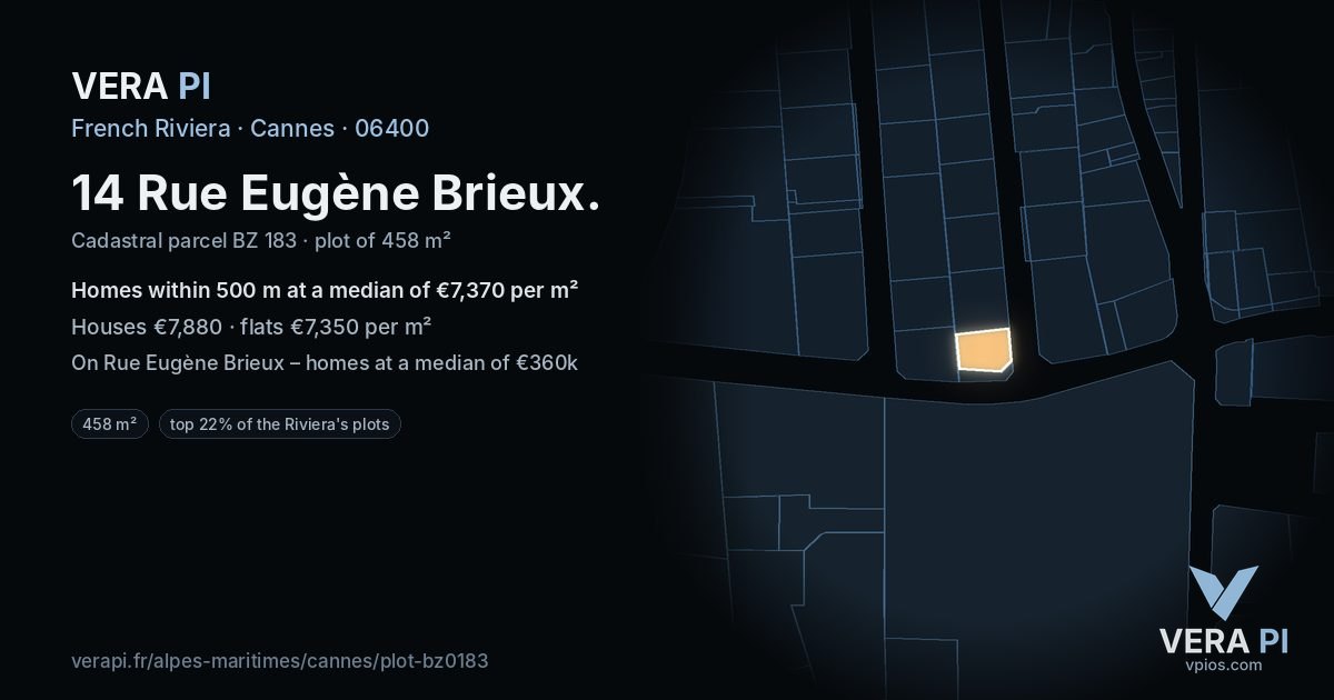 14 Rue Eugène Brieux, Cannes at night – the plot lit, the parcels around coloured by the prices near them