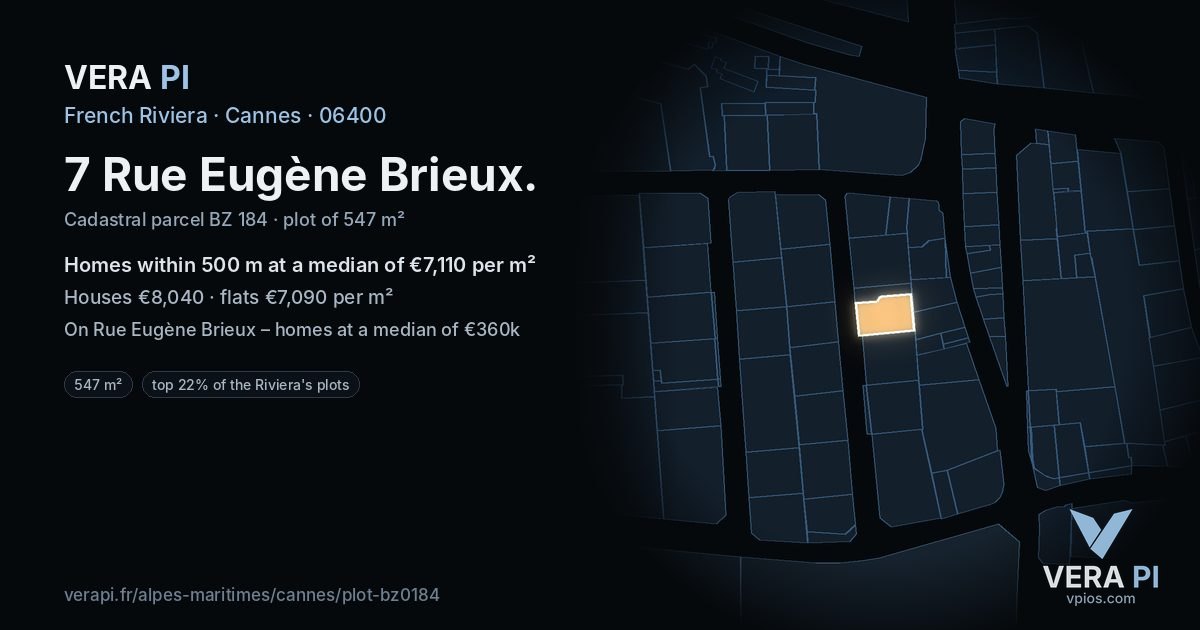 7 Rue Eugène Brieux, Cannes at night – the plot lit, the parcels around coloured by the prices near them