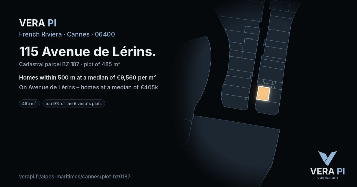 115 Avenue de Lérins, Cannes at night – the plot lit, the parcels around coloured by the prices near them