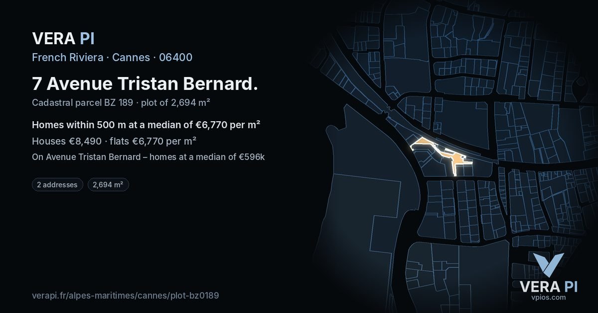 7 Avenue Tristan Bernard, Cannes at night – the plot lit, the parcels around coloured by the prices near them