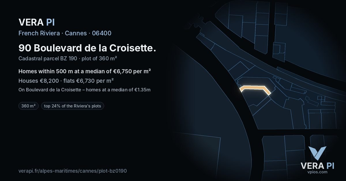 90 Boulevard de la Croisette, Cannes at night – the plot lit, the parcels around coloured by the prices near them
