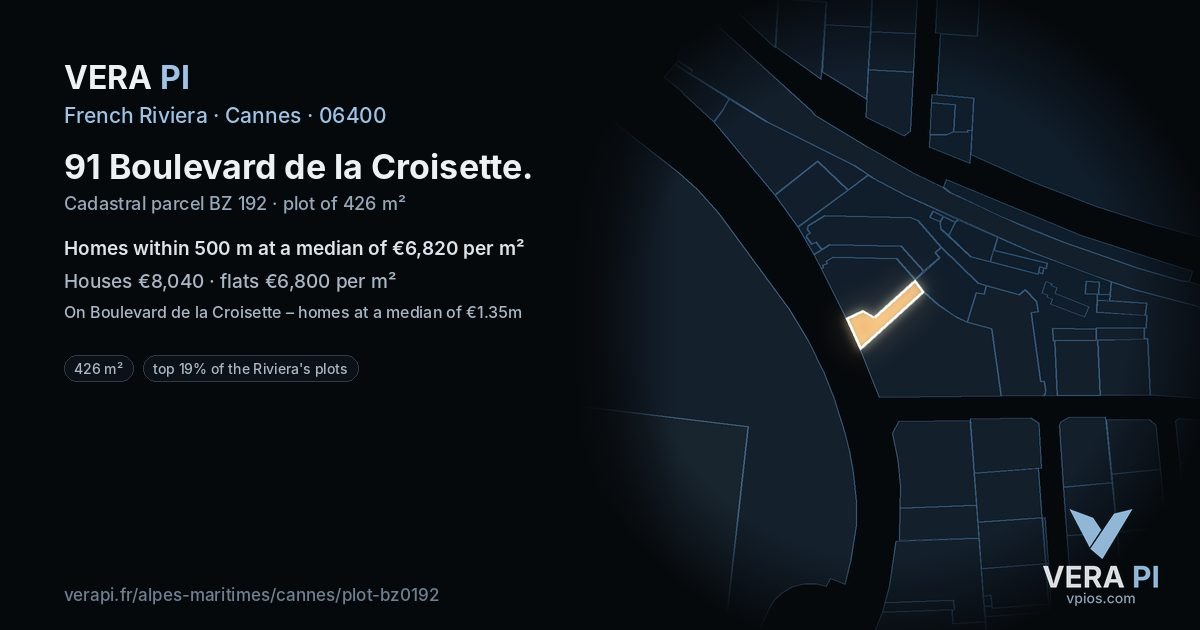 91 Boulevard de la Croisette, Cannes at night – the plot lit, the parcels around coloured by the prices near them