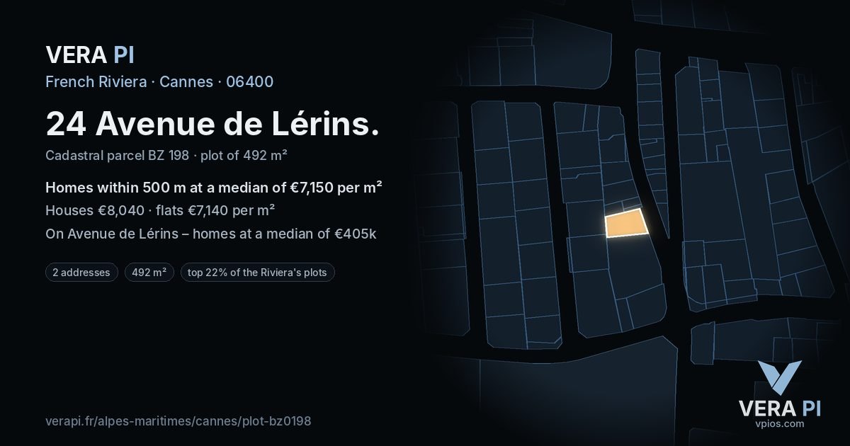 24 Avenue de Lérins, Cannes at night – the plot lit, the parcels around coloured by the prices near them
