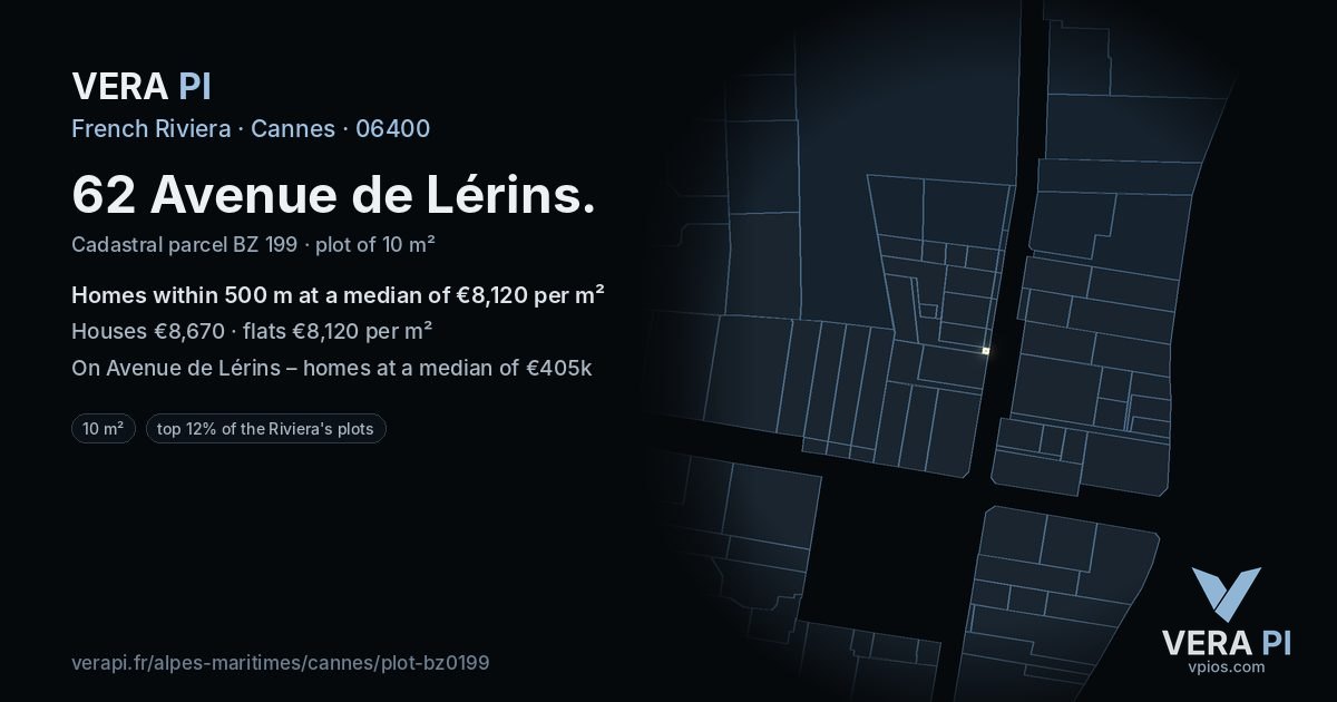 62 Avenue de Lérins, Cannes at night – the plot lit, the parcels around coloured by the prices near them