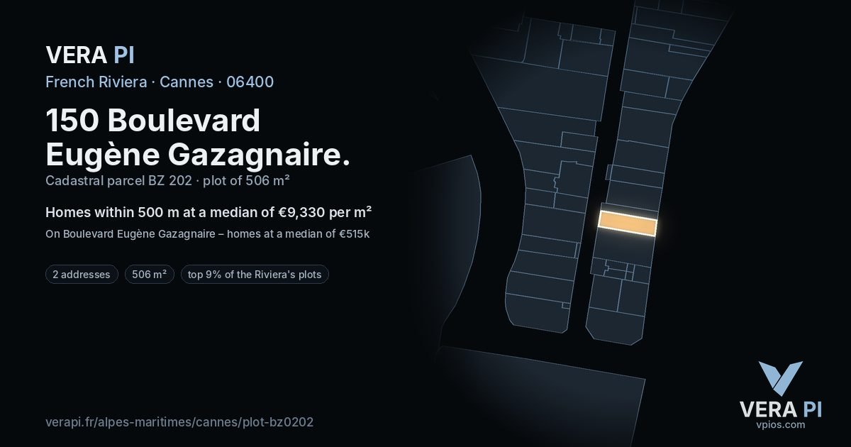 150 Boulevard Eugène Gazagnaire, Cannes at night – the plot lit, the parcels around coloured by the prices near them