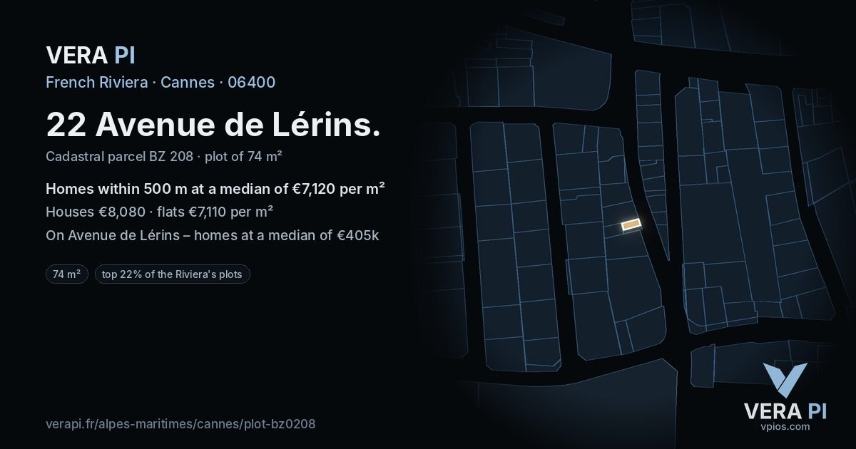 22 Avenue de Lérins, Cannes at night – the plot lit, the parcels around coloured by the prices near them