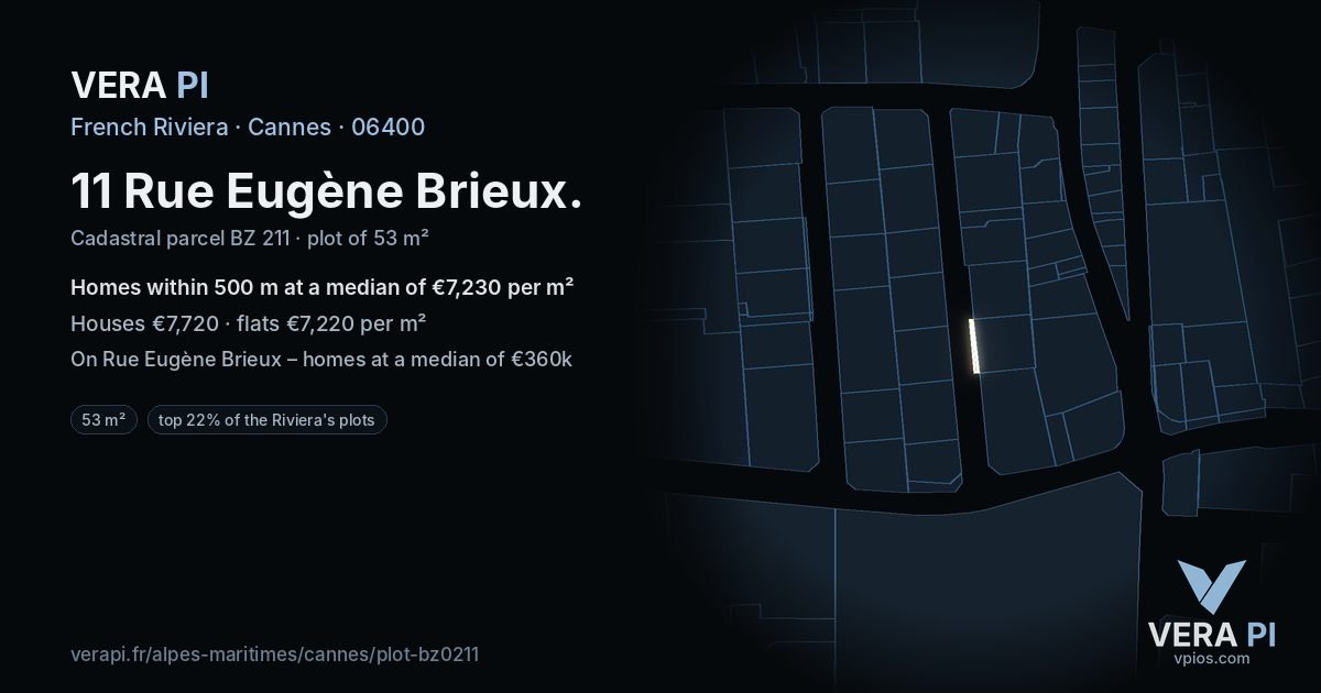 11 Rue Eugène Brieux, Cannes at night – the plot lit, the parcels around coloured by the prices near them