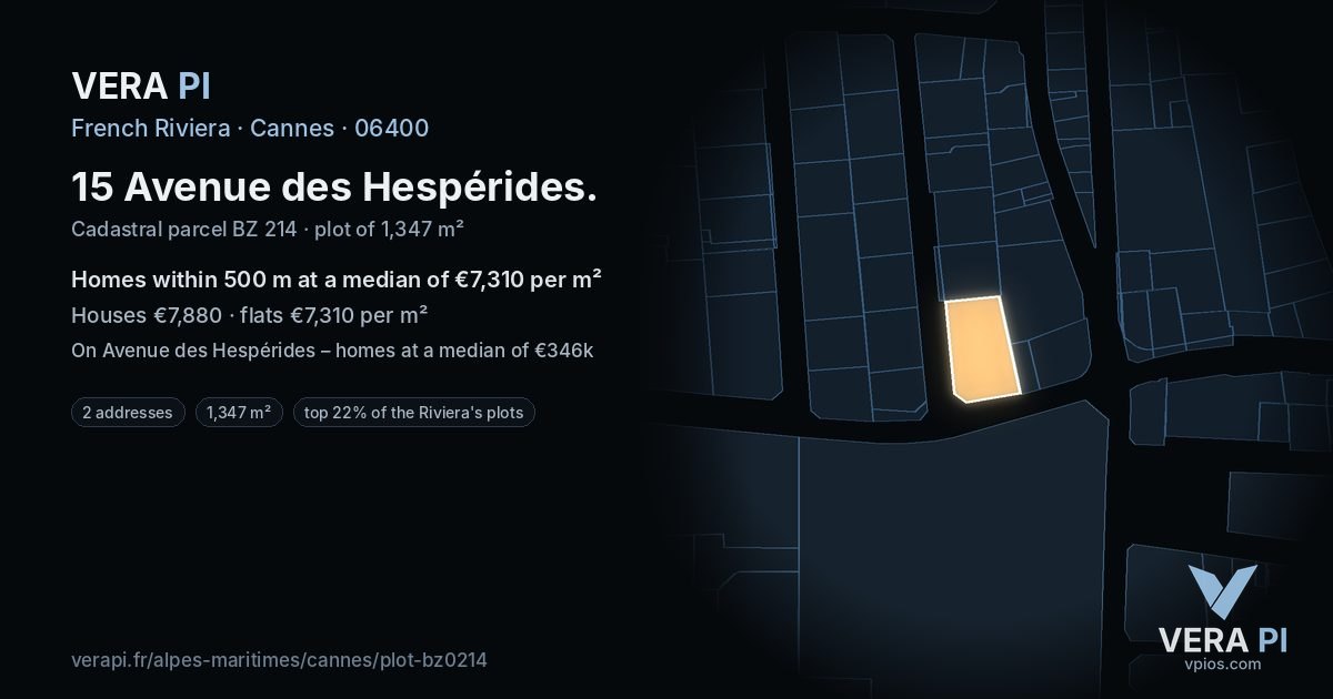 15 Avenue des Hespérides, Cannes at night – the plot lit, the parcels around coloured by the prices near them