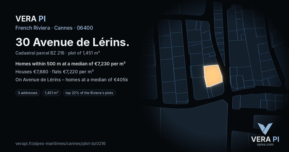 30 Avenue de Lérins, Cannes at night – the plot lit, the parcels around coloured by the prices near them