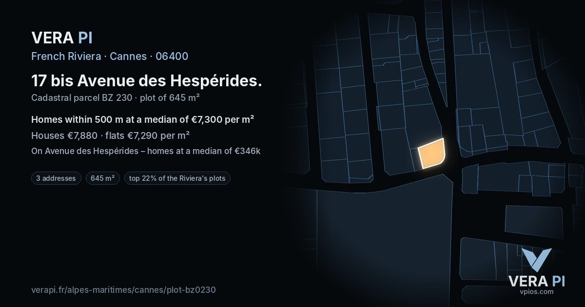 17 bis Avenue des Hespérides, Cannes at night – the plot lit, the parcels around coloured by the prices near them