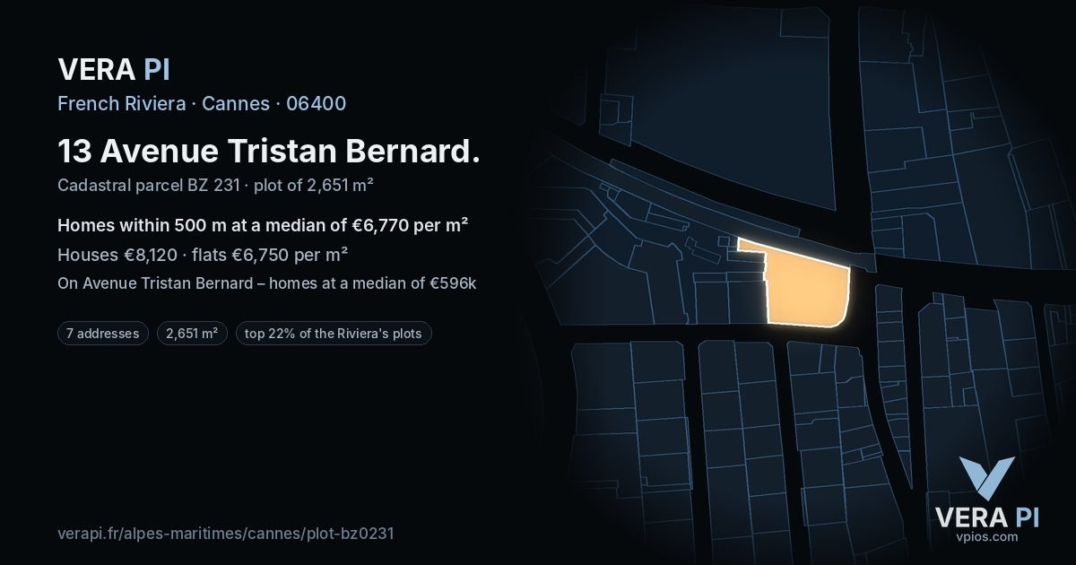 13 Avenue Tristan Bernard, Cannes at night – the plot lit, the parcels around coloured by the prices near them