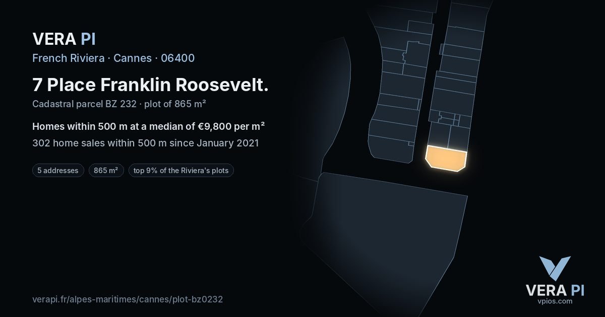 7 Place Franklin Roosevelt, Cannes at night – the plot lit, the parcels around coloured by the prices near them