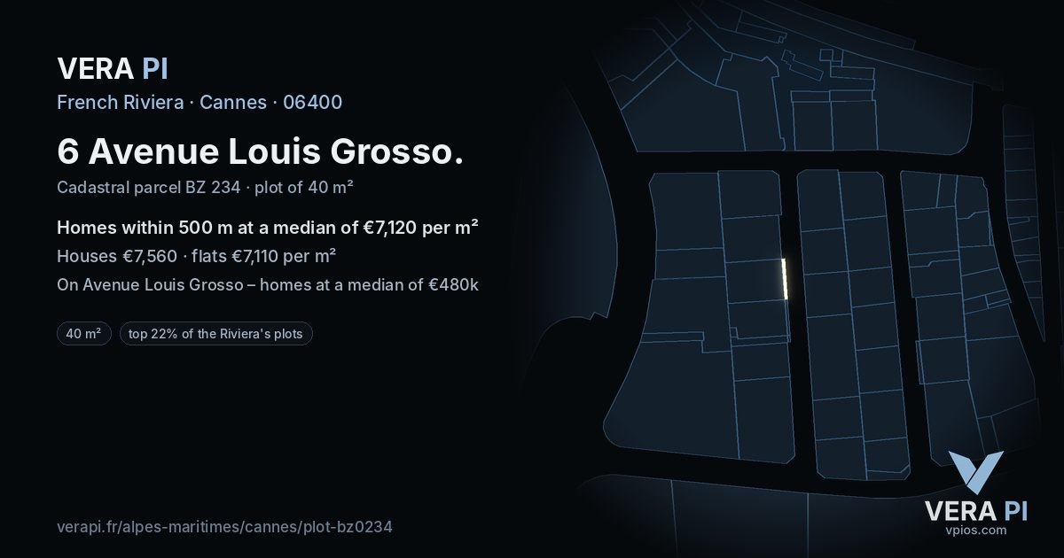 6 Avenue Louis Grosso, Cannes at night – the plot lit, the parcels around coloured by the prices near them