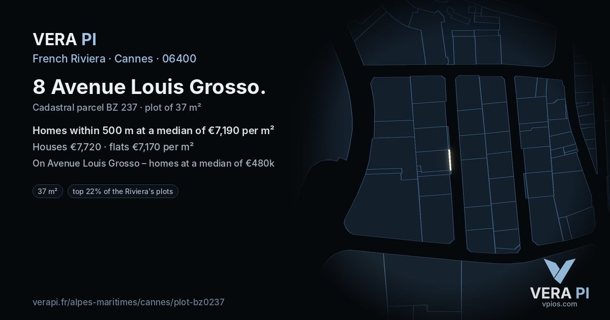 8 Avenue Louis Grosso, Cannes at night – the plot lit, the parcels around coloured by the prices near them