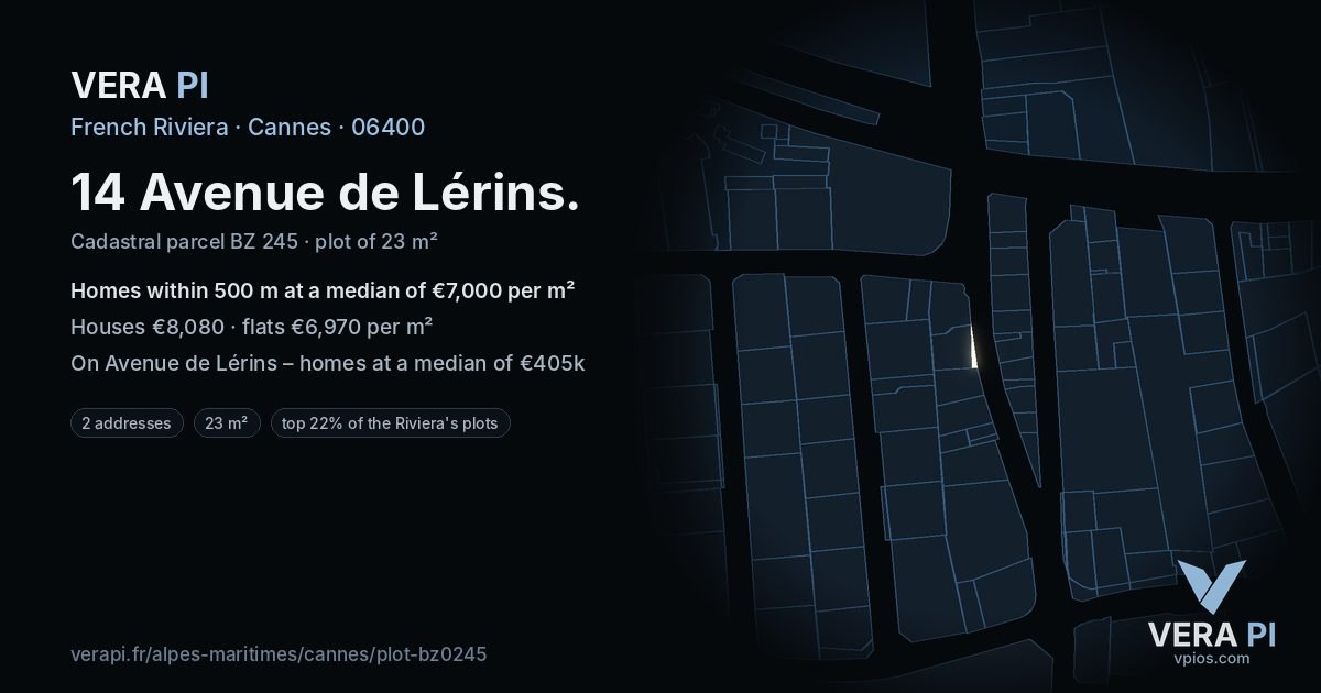 14 Avenue de Lérins, Cannes at night – the plot lit, the parcels around coloured by the prices near them