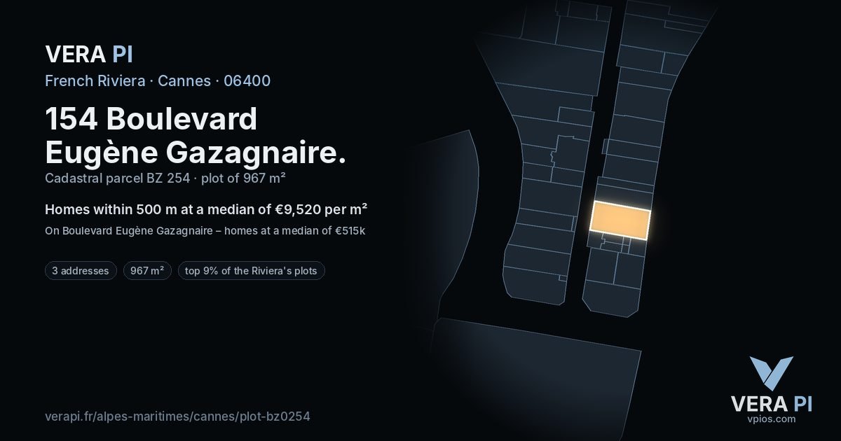 154 Boulevard Eugène Gazagnaire, Cannes at night – the plot lit, the parcels around coloured by the prices near them
