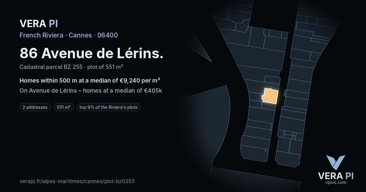 86 Avenue de Lérins, Cannes at night – the plot lit, the parcels around coloured by the prices near them