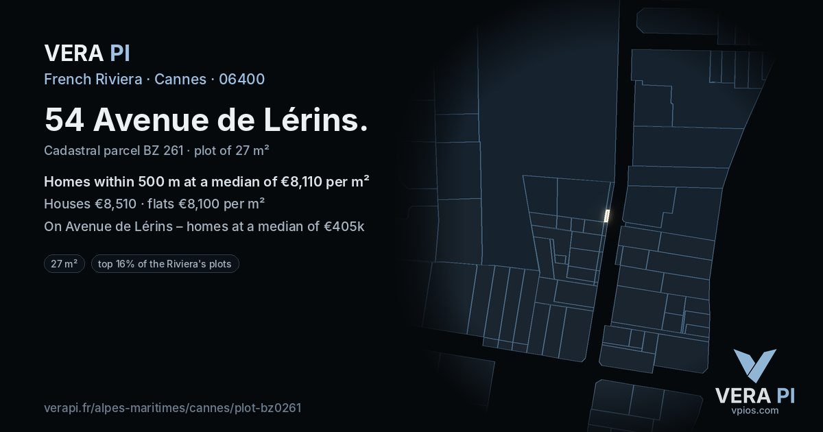 54 Avenue de Lérins, Cannes at night – the plot lit, the parcels around coloured by the prices near them