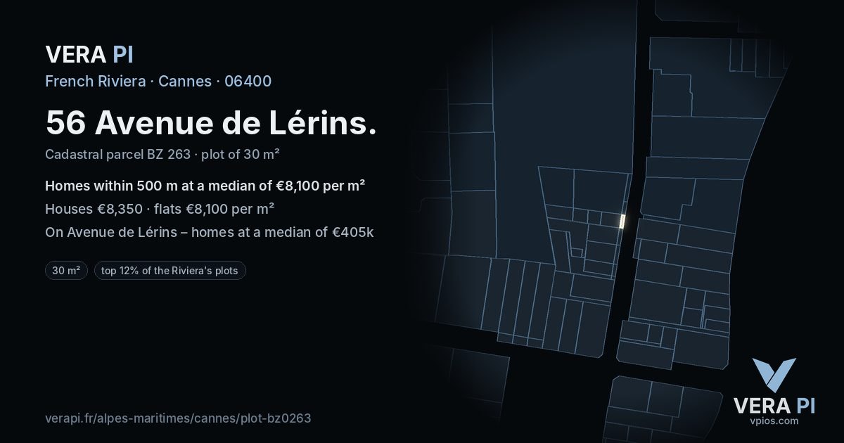 56 Avenue de Lérins, Cannes at night – the plot lit, the parcels around coloured by the prices near them
