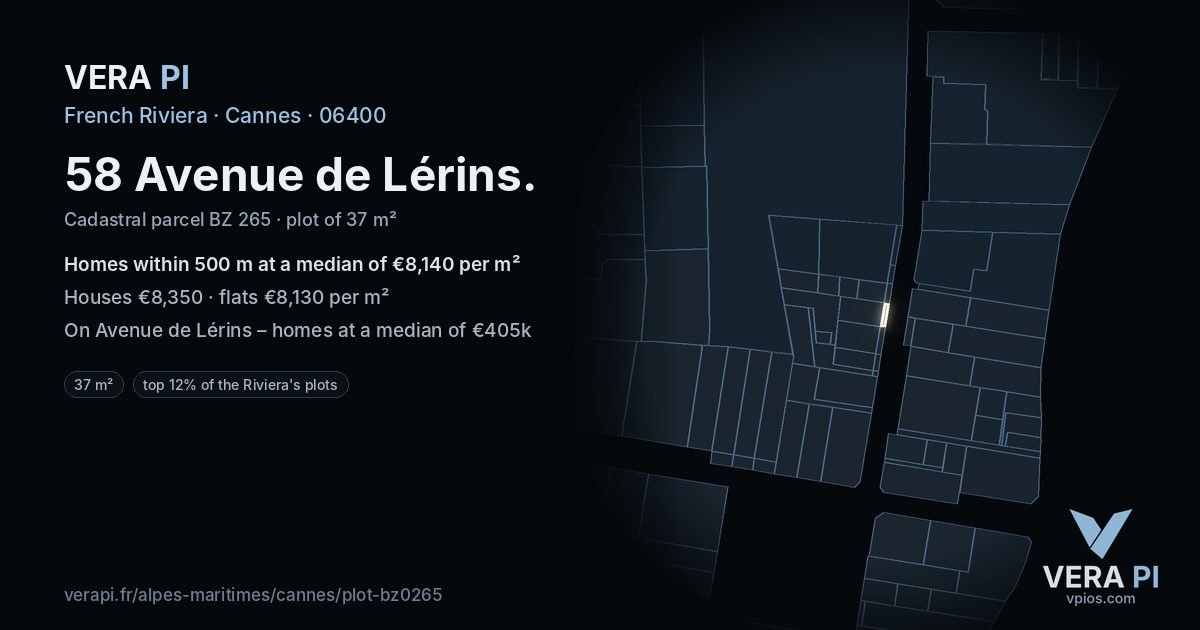 58 Avenue de Lérins, Cannes at night – the plot lit, the parcels around coloured by the prices near them
