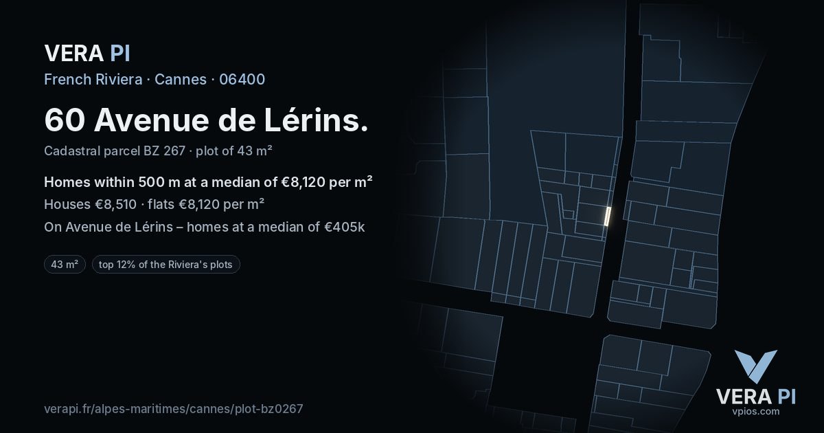 60 Avenue de Lérins, Cannes at night – the plot lit, the parcels around coloured by the prices near them