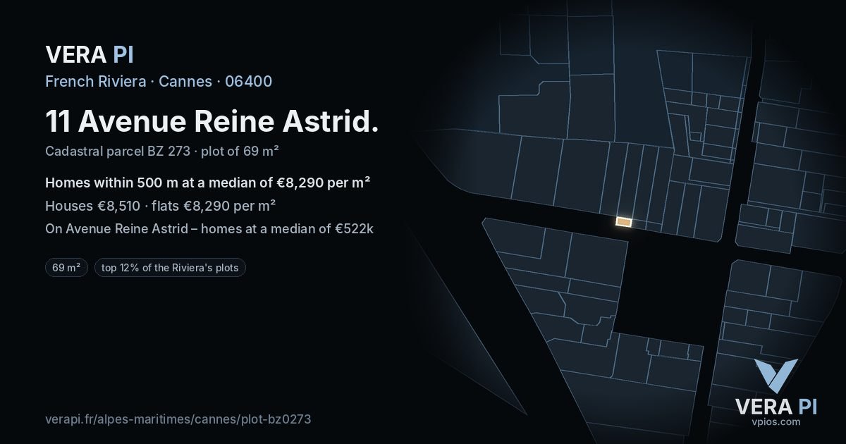 11 Avenue Reine Astrid, Cannes at night – the plot lit, the parcels around coloured by the prices near them