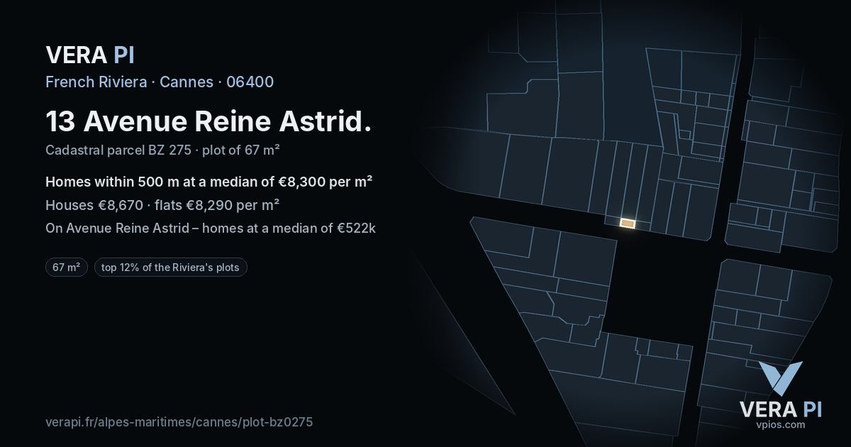 13 Avenue Reine Astrid, Cannes at night – the plot lit, the parcels around coloured by the prices near them