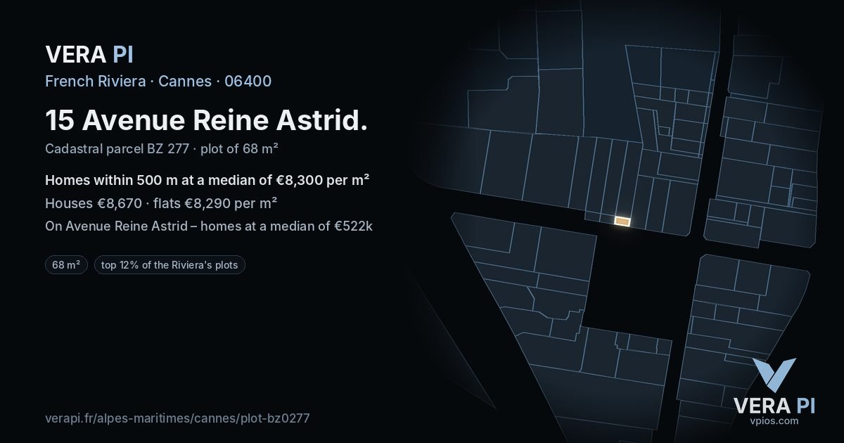 15 Avenue Reine Astrid, Cannes at night – the plot lit, the parcels around coloured by the prices near them