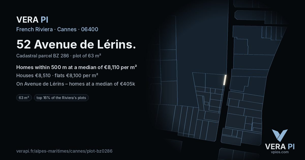 52 Avenue de Lérins, Cannes at night – the plot lit, the parcels around coloured by the prices near them