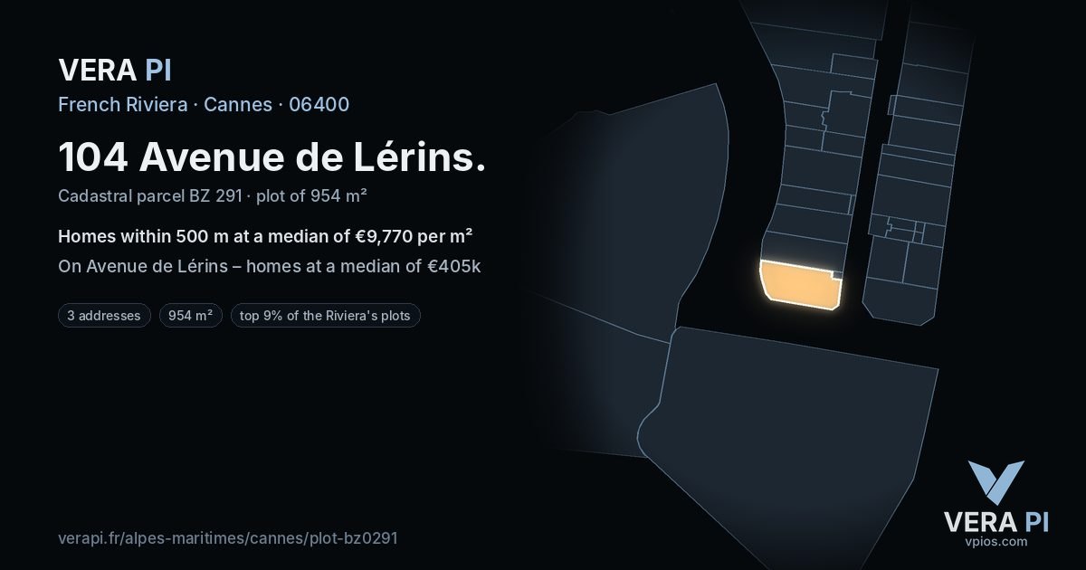 104 Avenue de Lérins, Cannes at night – the plot lit, the parcels around coloured by the prices near them