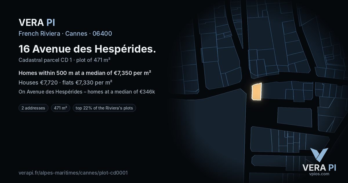 16 Avenue des Hespérides, Cannes at night – the plot lit, the parcels around coloured by the prices near them