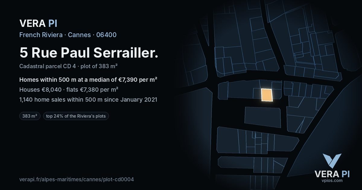 5 Rue Paul Serrailler, Cannes at night – the plot lit, the parcels around coloured by the prices near them