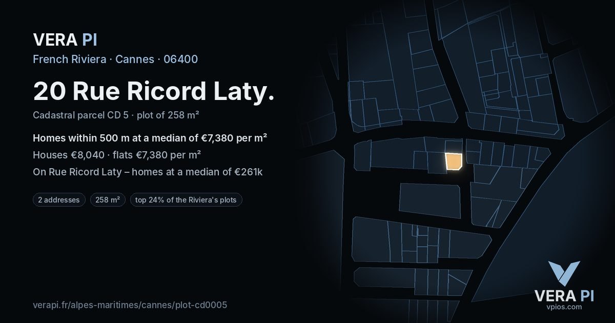 20 Rue Ricord Laty, Cannes at night – the plot lit, the parcels around coloured by the prices near them