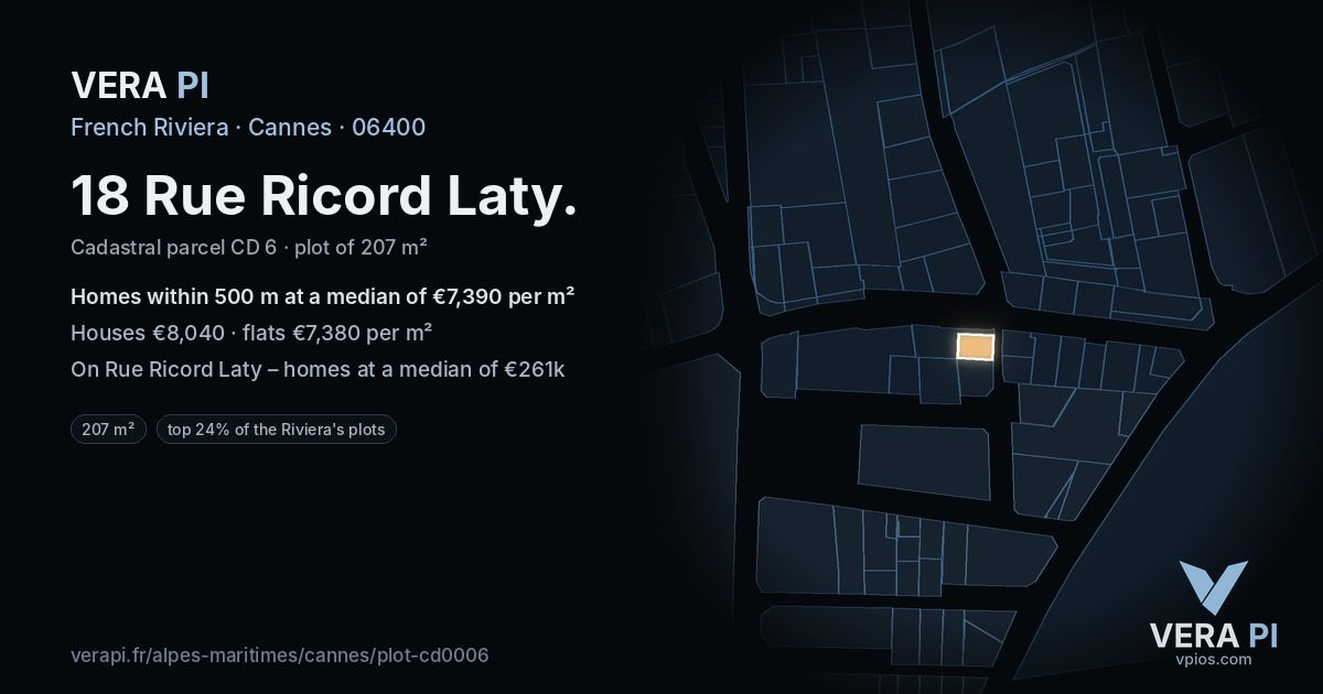 18 Rue Ricord Laty, Cannes at night – the plot lit, the parcels around coloured by the prices near them