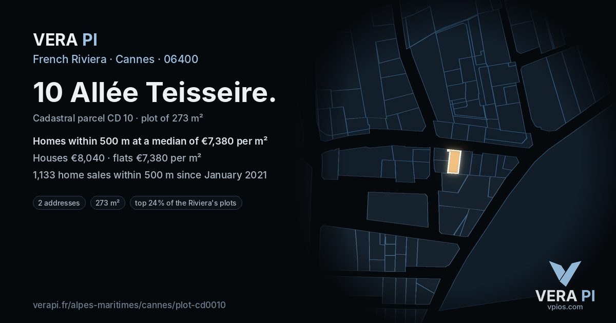 10 Allée Teisseire, Cannes at night – the plot lit, the parcels around coloured by the prices near them