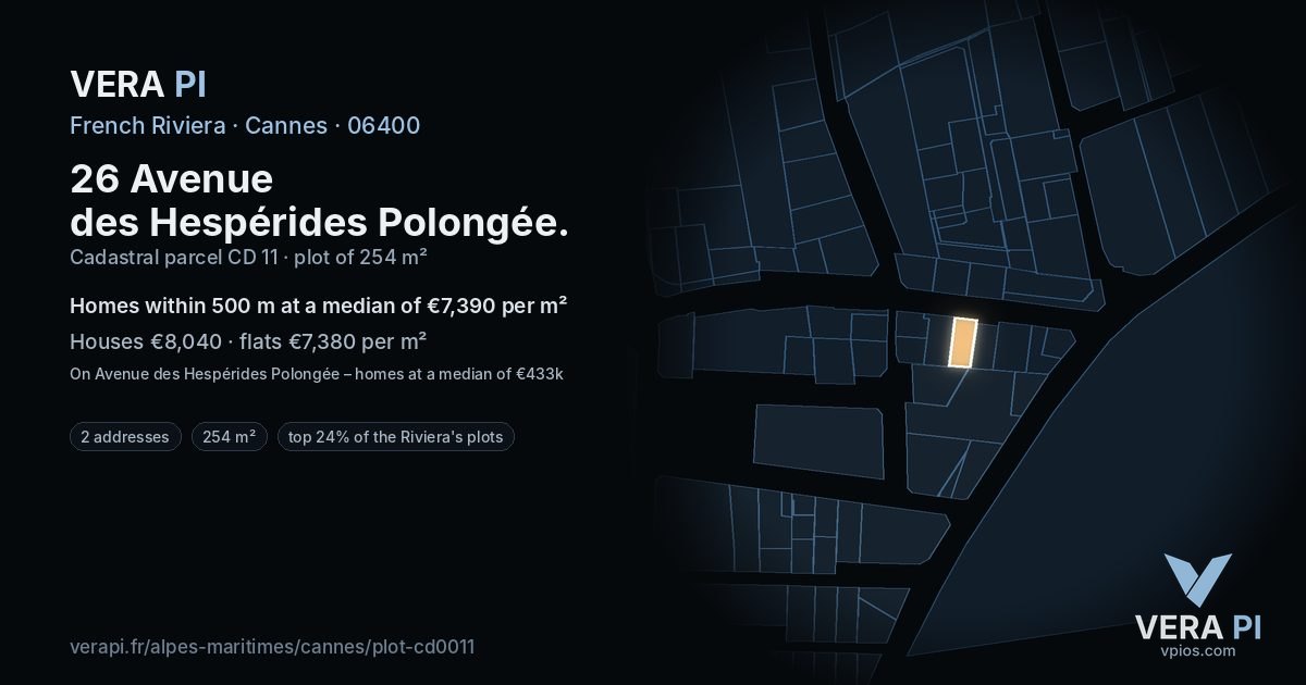 26 Avenue des Hespérides Polongée, Cannes at night – the plot lit, the parcels around coloured by the prices near them