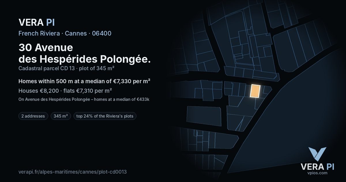30 Avenue des Hespérides Polongée, Cannes at night – the plot lit, the parcels around coloured by the prices near them