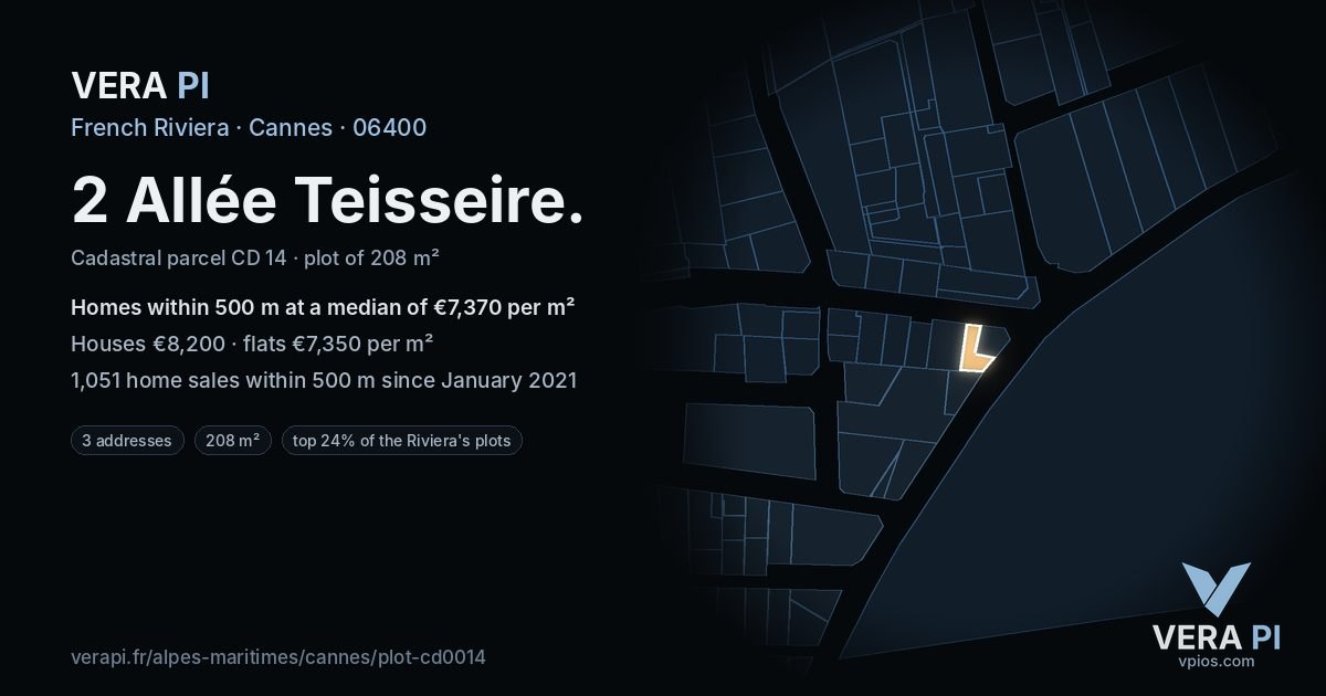 2 Allée Teisseire, Cannes at night – the plot lit, the parcels around coloured by the prices near them