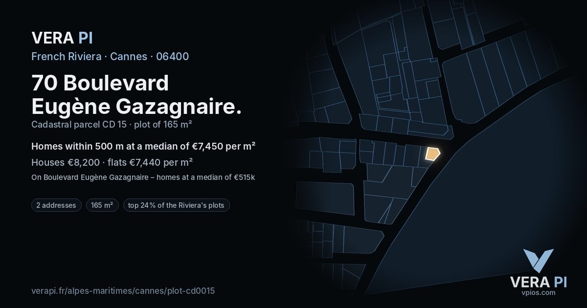 70 Boulevard Eugène Gazagnaire, Cannes at night – the plot lit, the parcels around coloured by the prices near them
