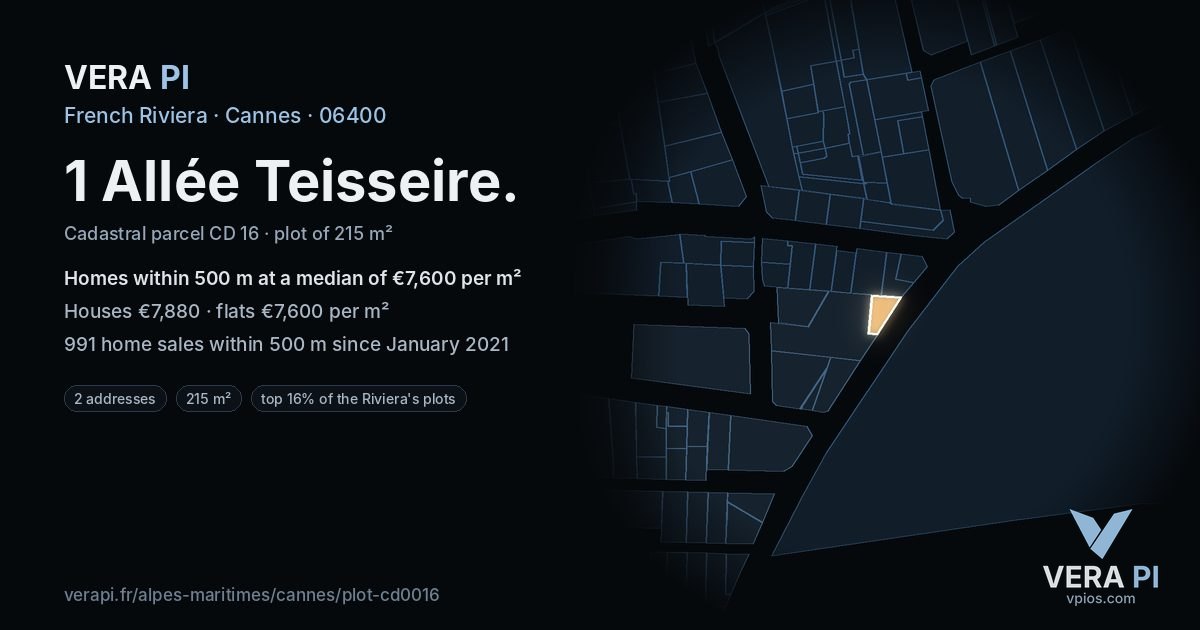 1 Allée Teisseire, Cannes at night – the plot lit, the parcels around coloured by the prices near them