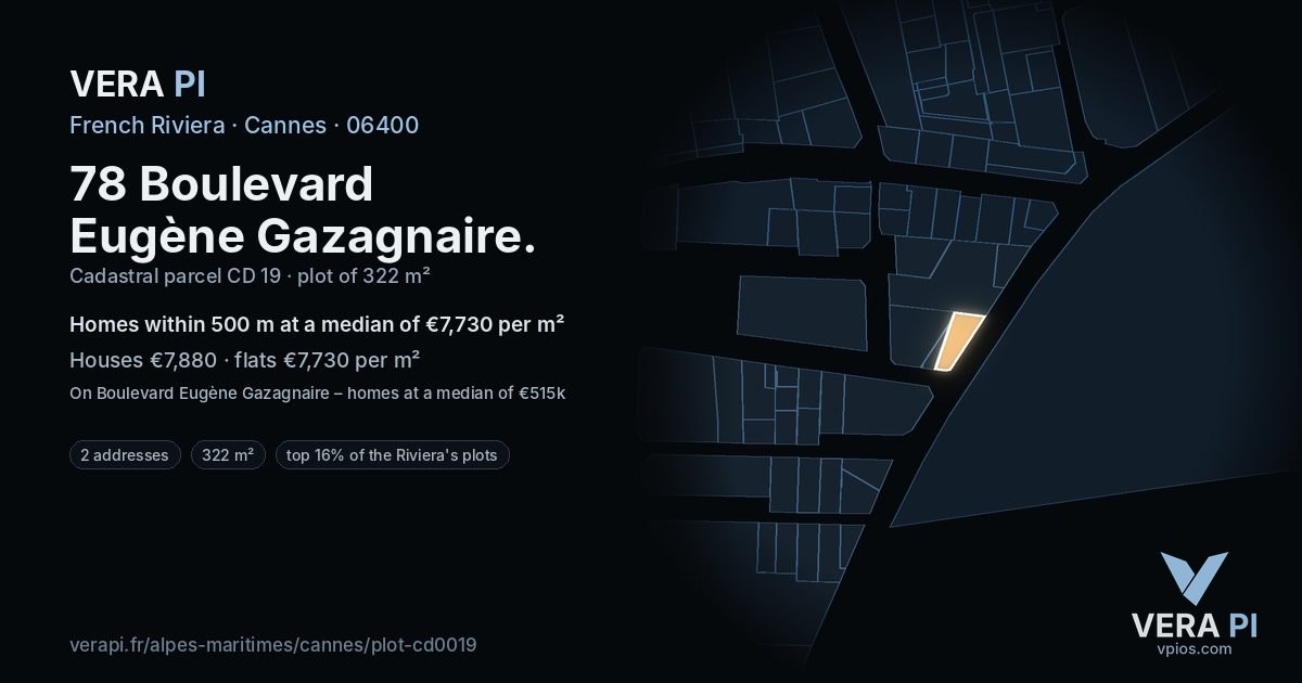78 Boulevard Eugène Gazagnaire, Cannes at night – the plot lit, the parcels around coloured by the prices near them