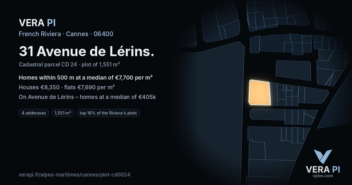 31 Avenue de Lérins, Cannes at night – the plot lit, the parcels around coloured by the prices near them