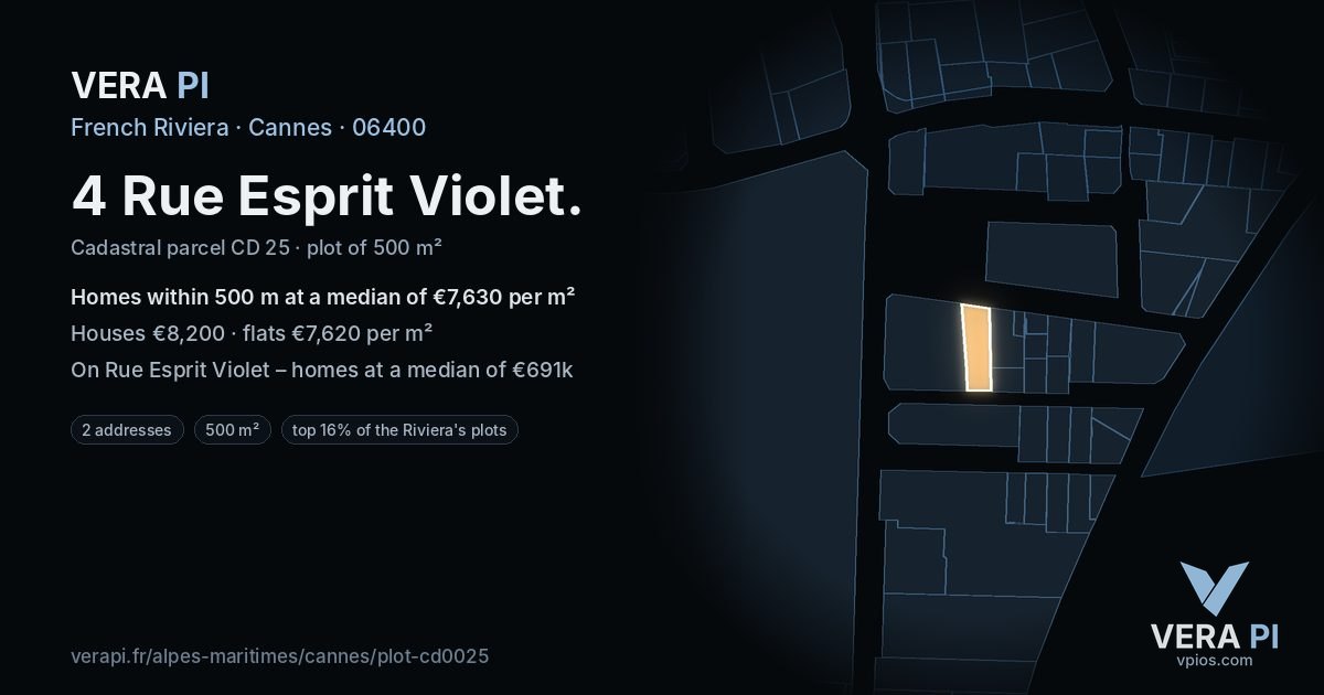 4 Rue Esprit Violet, Cannes at night – the plot lit, the parcels around coloured by the prices near them