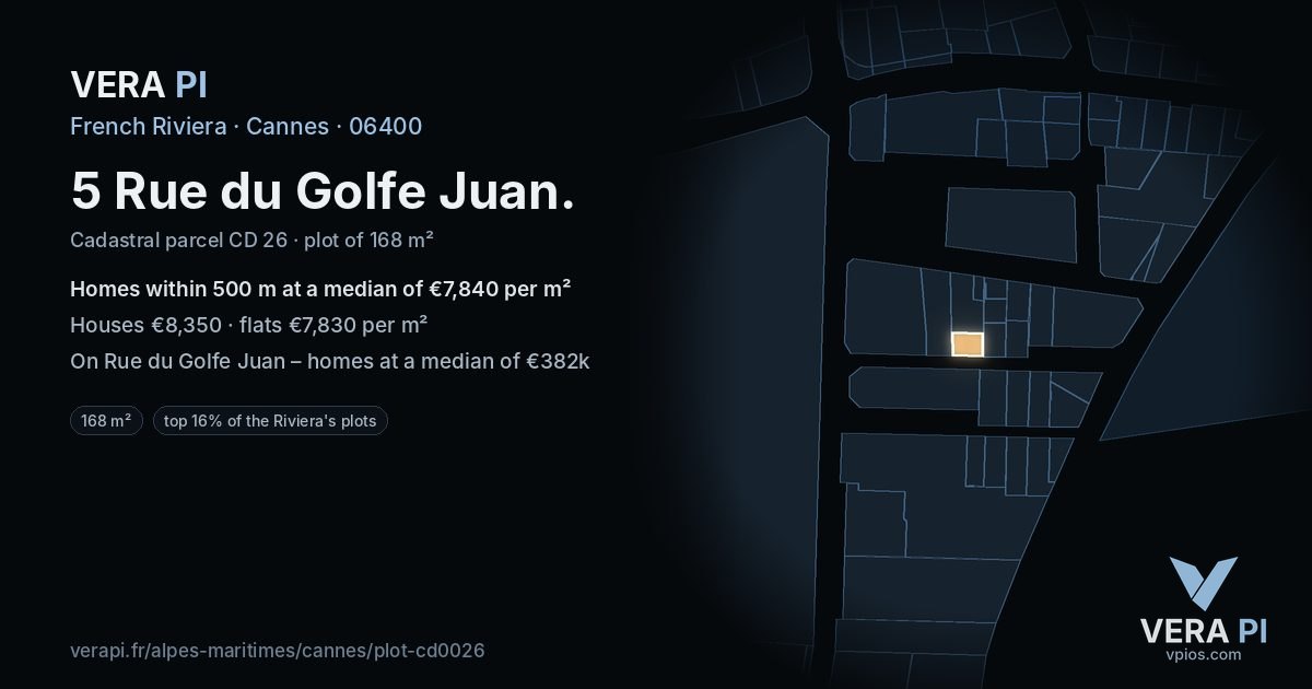 5 Rue du Golfe Juan, Cannes at night – the plot lit, the parcels around coloured by the prices near them
