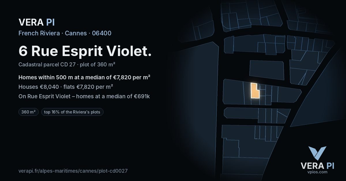 6 Rue Esprit Violet, Cannes at night – the plot lit, the parcels around coloured by the prices near them