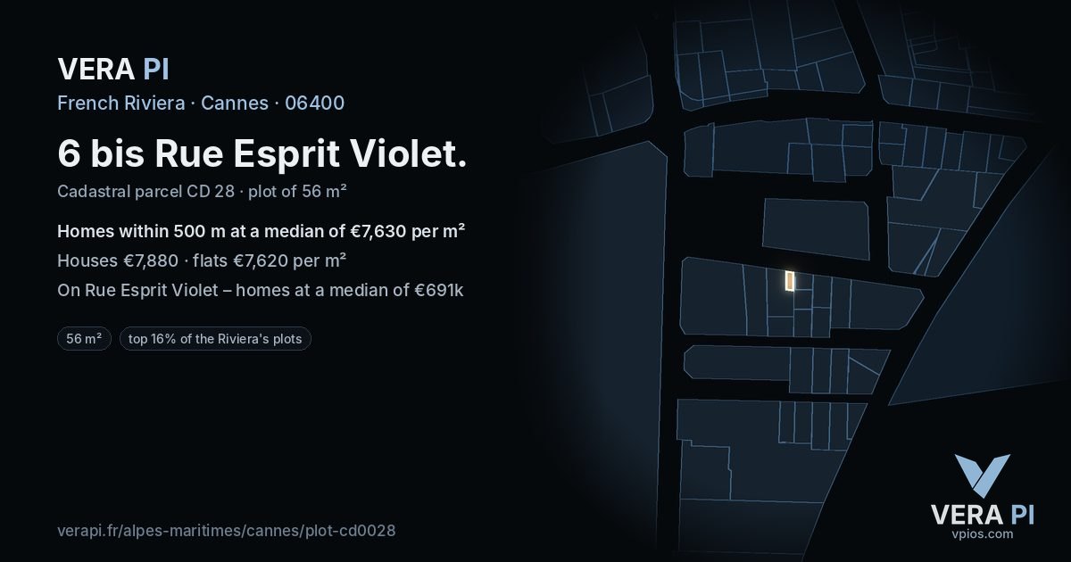 6 bis Rue Esprit Violet, Cannes at night – the plot lit, the parcels around coloured by the prices near them