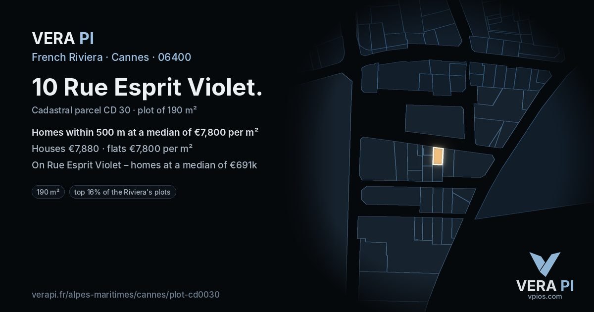10 Rue Esprit Violet, Cannes at night – the plot lit, the parcels around coloured by the prices near them