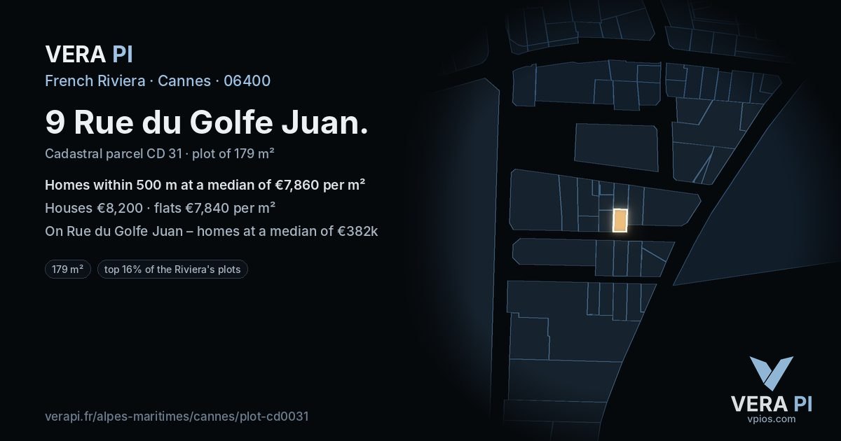 9 Rue du Golfe Juan, Cannes at night – the plot lit, the parcels around coloured by the prices near them